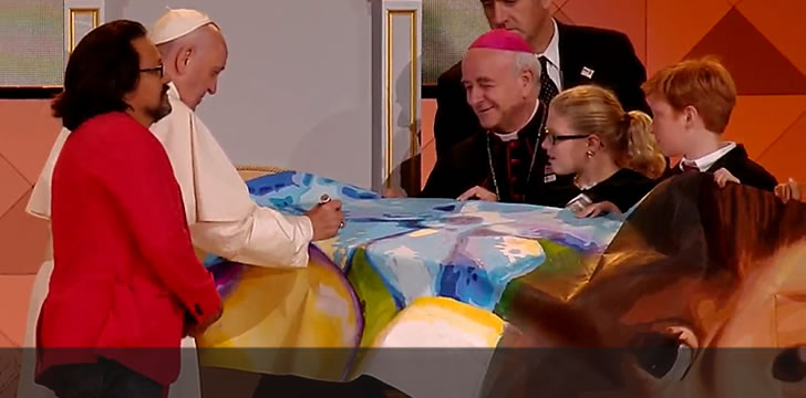 Pope Signs Canvas By Mexican Muralist Cesar Viveros