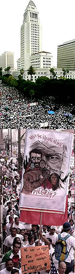 Masses of people surround L.A. City Hall during La Gran Marcha on March 25, 2006