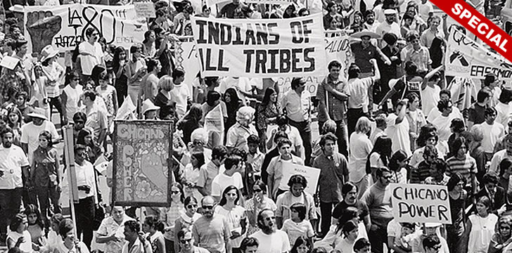 Chicano Moratorium crowd with Chicano Power signs Aug. 29, 1970